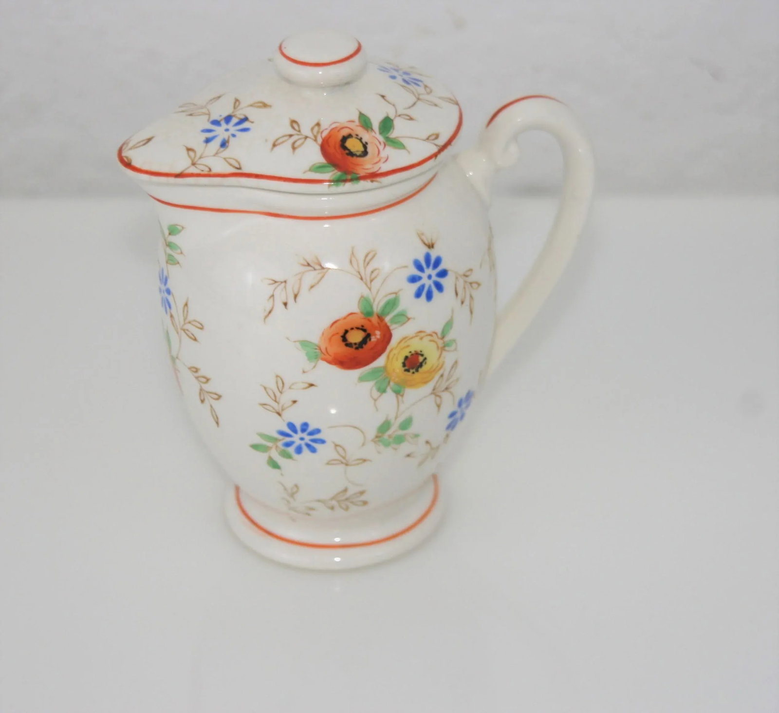 Antique Hand Painted Ceramic Floral Design Lidded Pitcher - 9