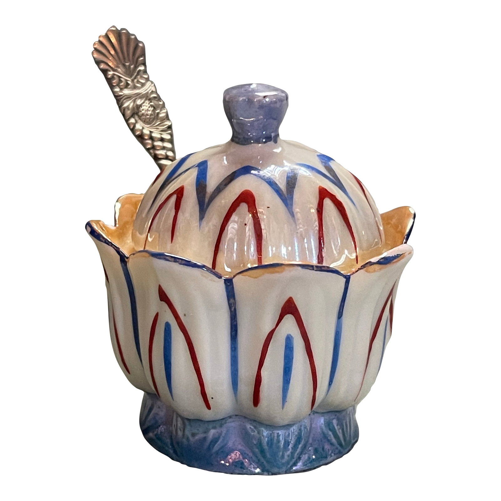 Early 20th Century Tulip Shaped China Serving Dish: A small Japanese lusterware sugar/salt table server with silver plate spoon. Spoon measures 3 1/2 inches long. Ships within 1-2 days using USPS. All items packed with care. Please contact us with any 