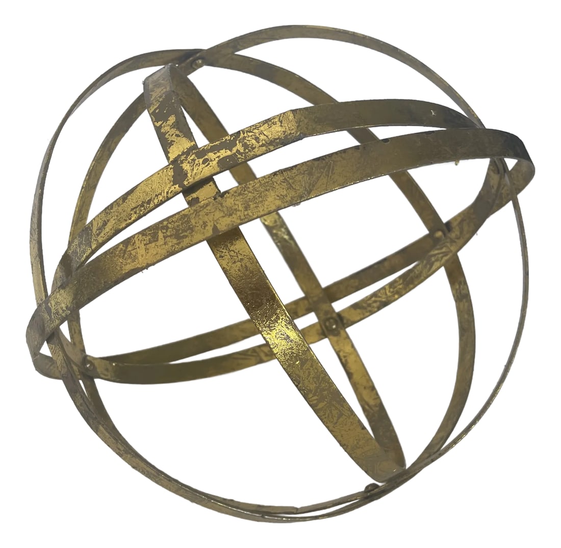 Metal Gold Leaf Sphere: Metal gold leaf sphere with a distress look perfect for a table top accessory on your coffee table or bookshelf. Condition: Imperfections: No Imperfections Condition Notes: From our inventory Origin: