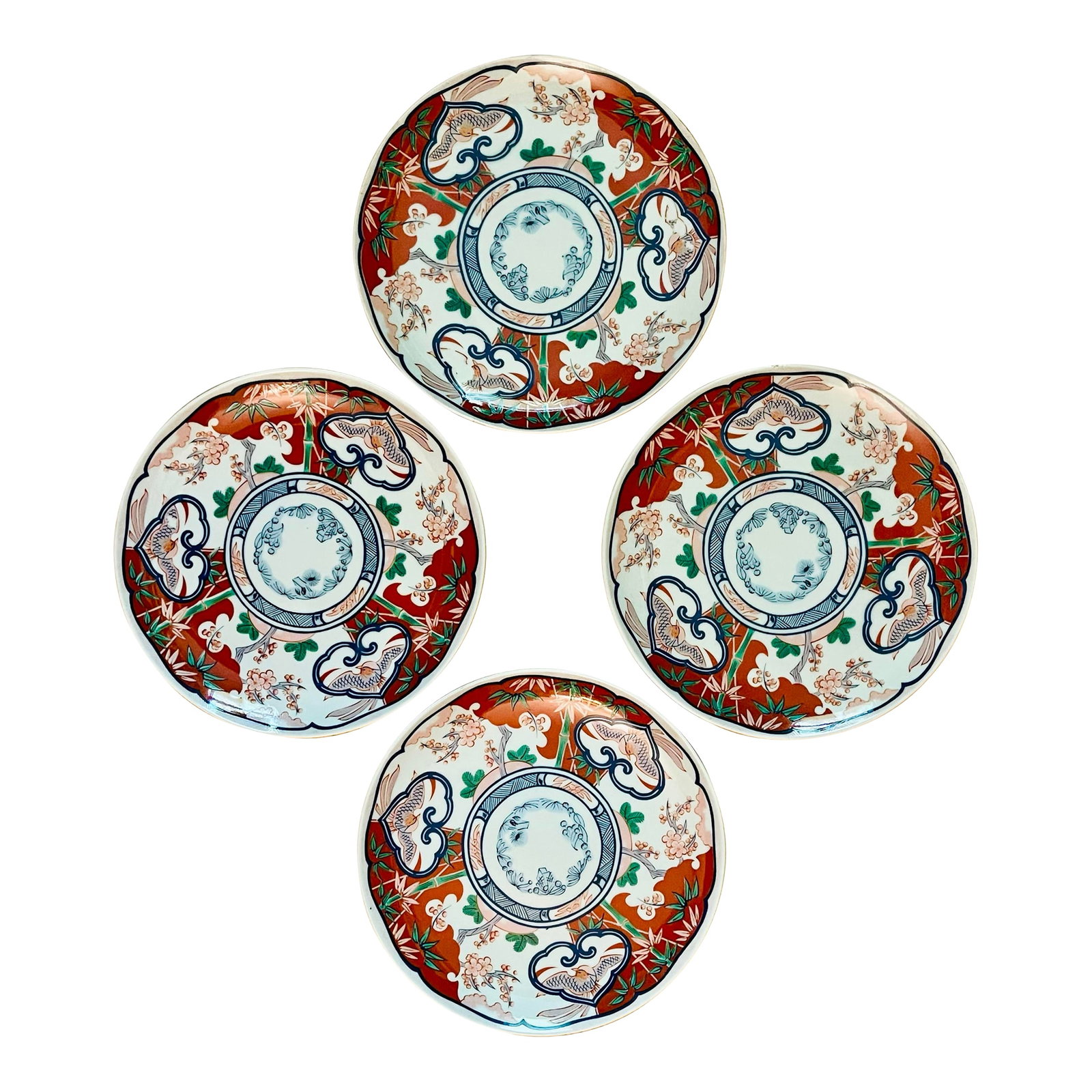 Mid 20th Century Georges Briard "Heirloom" Small Plates- Set of 4: A set of four vintage Asian inspired plates decorated with bamboo, cherry blossoms and birds on a red and white background. Measures 7 1/2 inches in diameter and 1 inch tall. Ships within 1-2 days usi