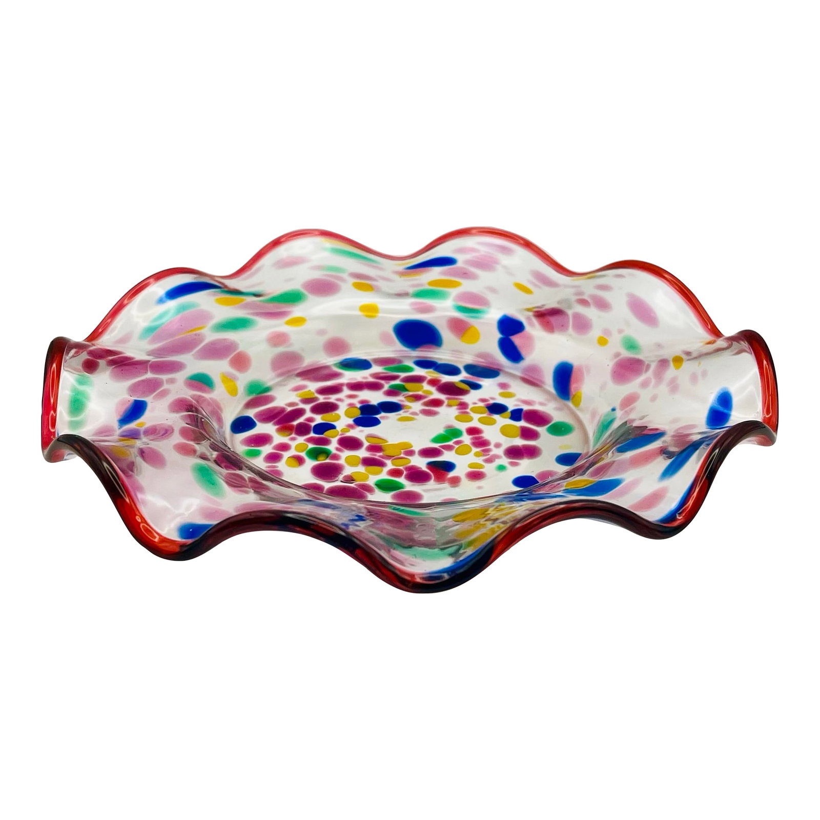 Late 20th Century Ruffle Edge Small Plate: A vibrant Murano style glass plate decorated with a splattering of colorful translucent dots and finished with a reddish pink ruffled border. Ships within 1-2 days using USPS. All items packed with