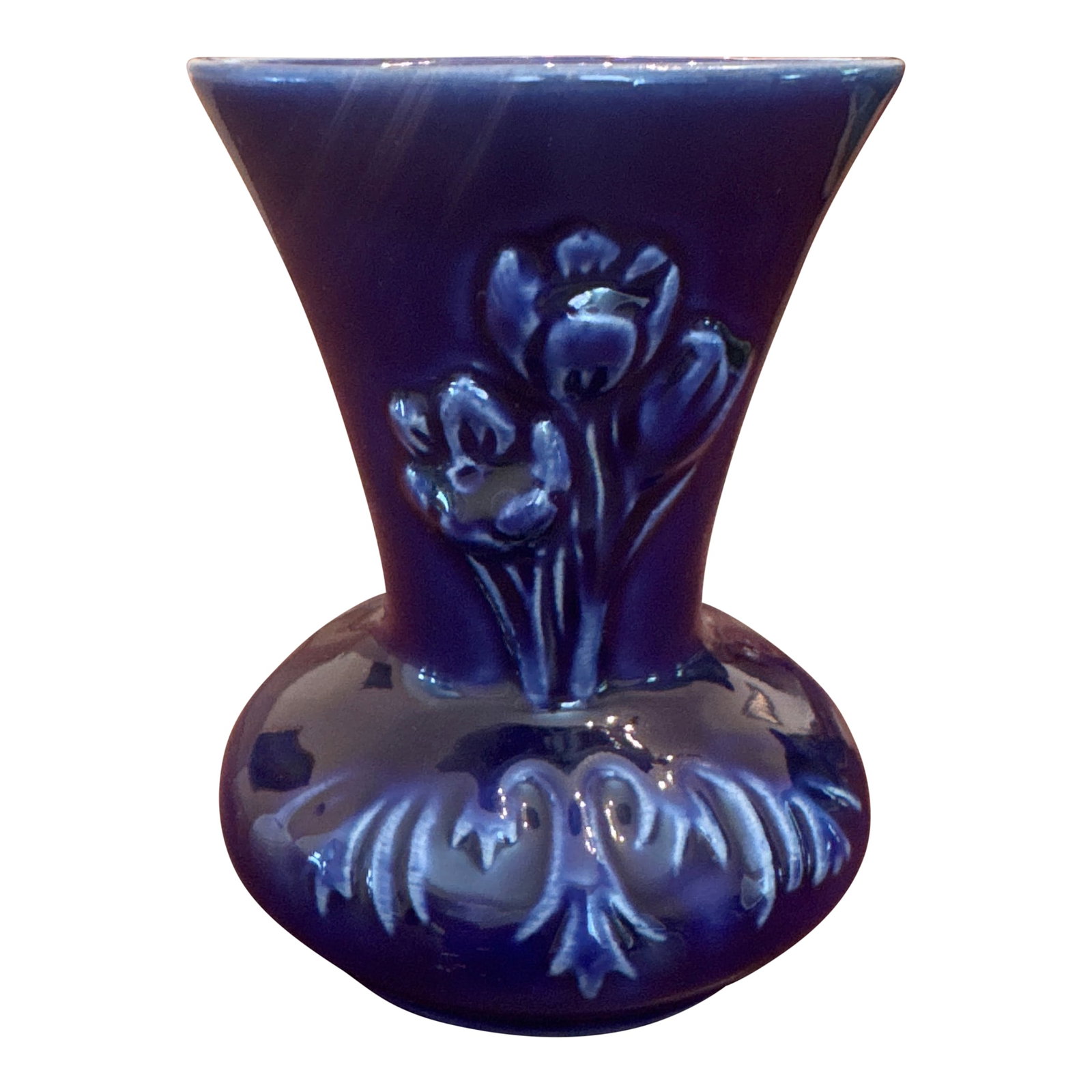 Mid 20th Century Van Briggle Arts & Crafts Ming Blue Glazed Ceramic Vase With Floral Motif: Van Briggle Pottery was established in Colorado Springs, Colorado by Artus and Anne Van Briggle. Both were accomplished artists, with Artus previously employed by Rookwood Pottery as the leading
