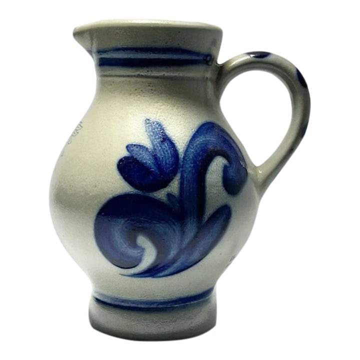 1980s Vintage Ceramic Salt Glazed Cobalt Small Pitcher Jug: 1980s Vintage Ceramic Salt Glazed Cobalt Small Pitcher Jug 5" 10oz Germany Excellent condition. No chips, cracks, or fleabites. Height 5" Length (Handle to Spout) 4 3/8" Width 3 1/2" Holds 10oz Circa