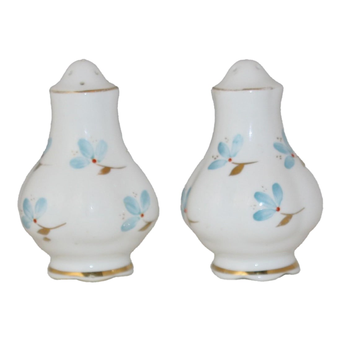 Mid Century Royal Albert Bone China Blue Floral Gold Accents Salt & Pepper Shakers- a Pair: Vintage Salt and Pepper Shakers These vintage bone china salt and pepper shakers were made in England during the 1950s by Royal Albert. These shakers are bulbous-shaped with a conical top. They are