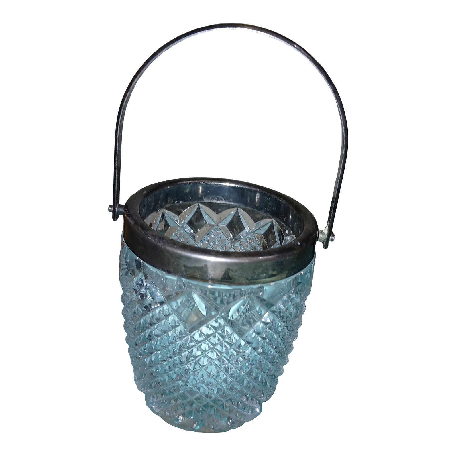 Antique Lead Crystal Silver Plated Handle and Rim Biscuit Cookie Jar or Small Ice Bucket: Gorgeous heavy leg Crystal cookie jar or biscuit jar or small ice bucket. Extremely heavy for its size. Nice patina to silver plates. Jar measures five and three quarters high without handle and