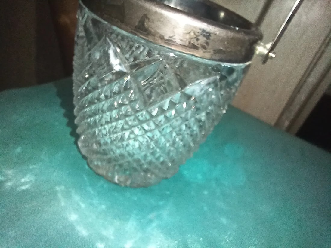 Antique Lead Crystal Silver Plated Handle and Rim Biscuit Cookie Jar or Small Ice Bucket - 3