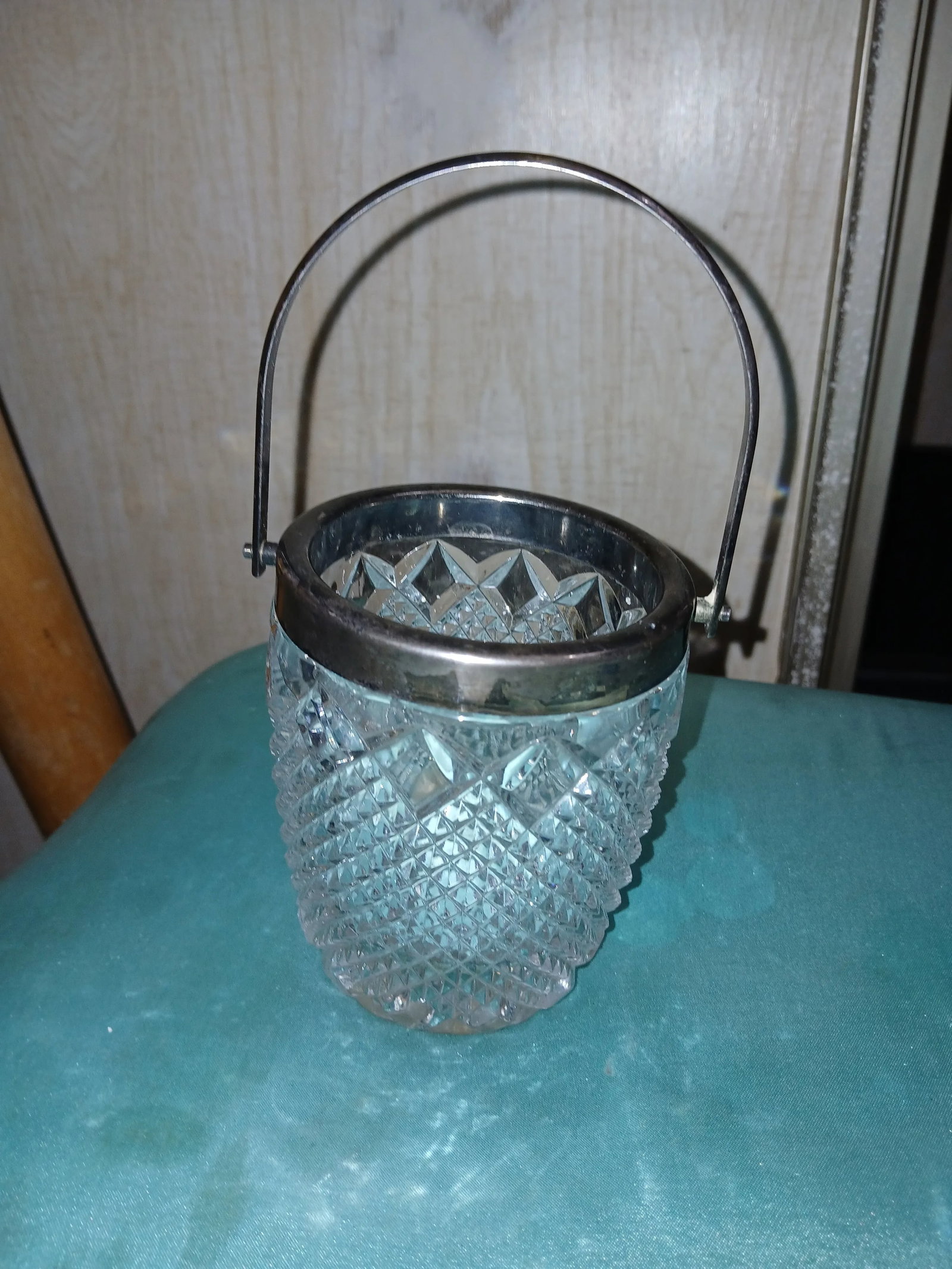 Antique Lead Crystal Silver Plated Handle and Rim Biscuit Cookie Jar or Small Ice Bucket - 8