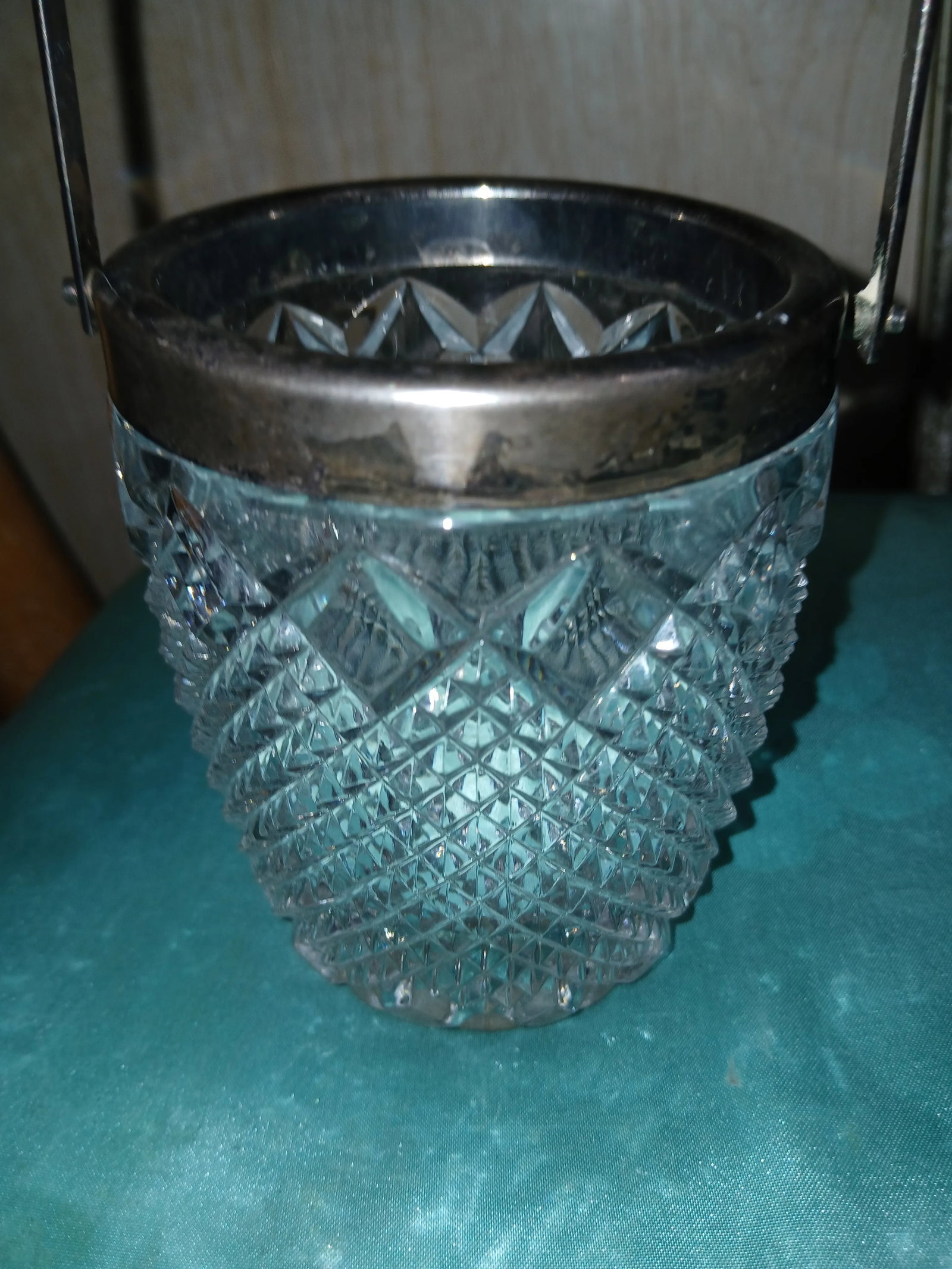 Antique Lead Crystal Silver Plated Handle and Rim Biscuit Cookie Jar or Small Ice Bucket - 9