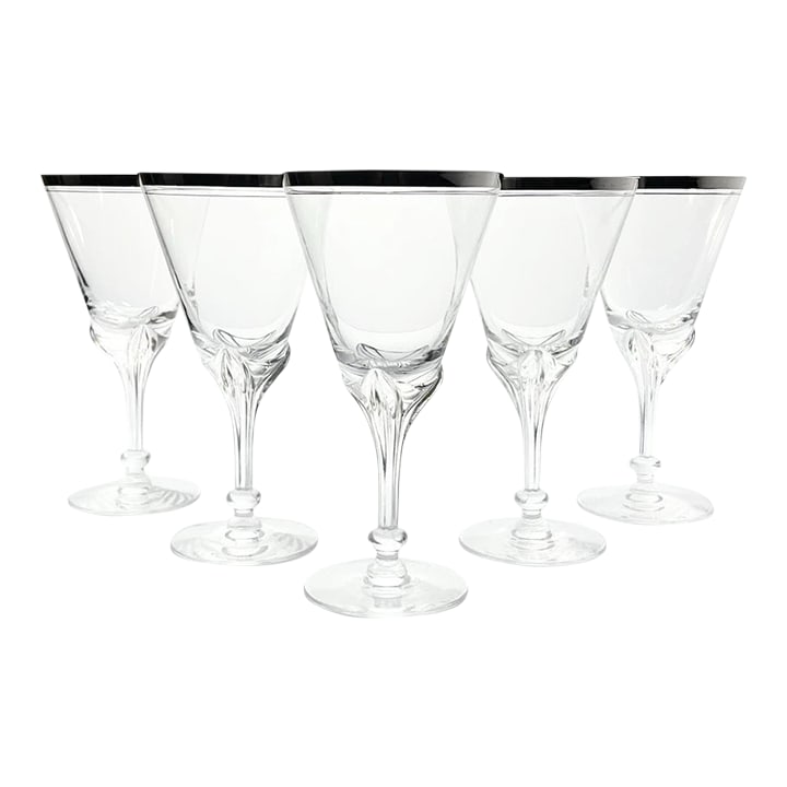 1950s Tiffin-Franciscan "Wedding Day" Set of 5 Water Glasses: 1950s Tiffin-Franciscan "Wedding Day" Set of 5 Water Glasses 7 1/4" 10oz Good vintage condition. No chips, cracks, or fleabites. Height 7 1/4" Length (Opening) 3 3/4" Holds 10oz Circa 1950-60s