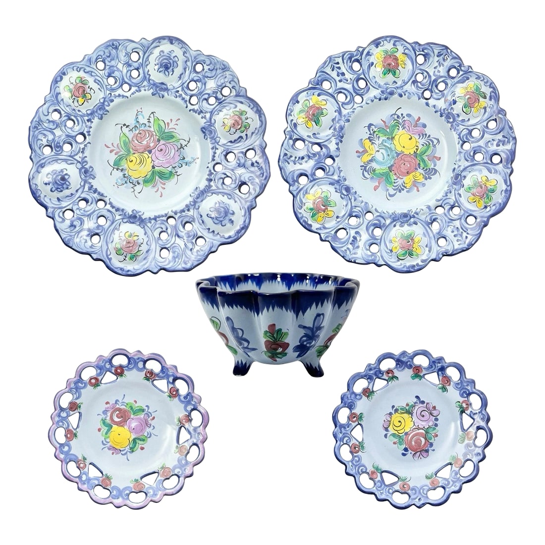 1970s 5-Piece Vintage Vestal Alcobaca Portugal Reticulated Decorative Pottery Bowl & Plates: 1970s 5-Piece Vintage Vestal Alcobaca Portugal Reticulated Pottery Bowl & Plates Good vintage condition. The two large plates have chip wear on edges. One plates has wear of painted floral motifs.