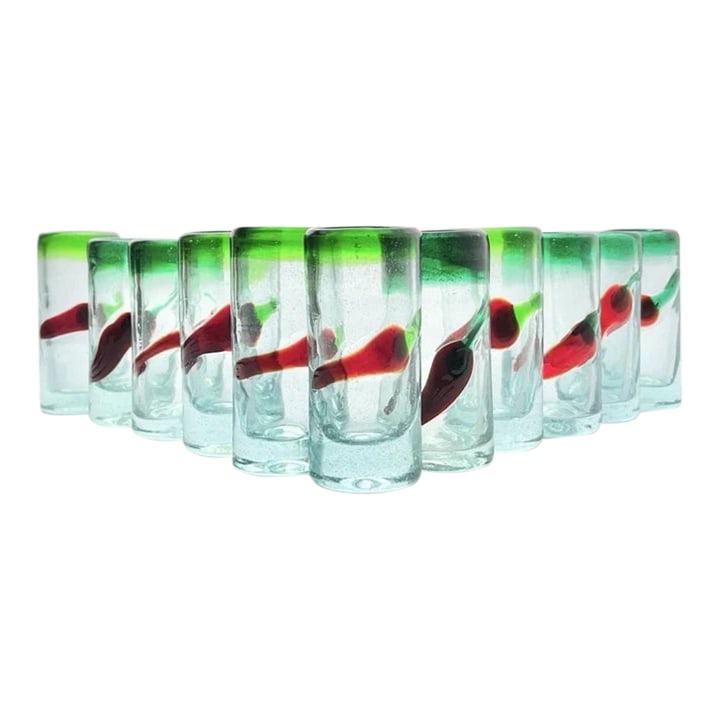 1990s Vintage Mexican Handblown Chili Pepper Set of 11 Double Shot Glasses: Vintage Mexican Handblown Chili Pepper Set of 11 Double Shot Glasses 3 3/4" 3oz Excellent condition. No chips, cracks, or fleabites. Height 3 3/4" Length (Opening) 1 3/4" Holds 3oz Circa 1990-2000s Co
