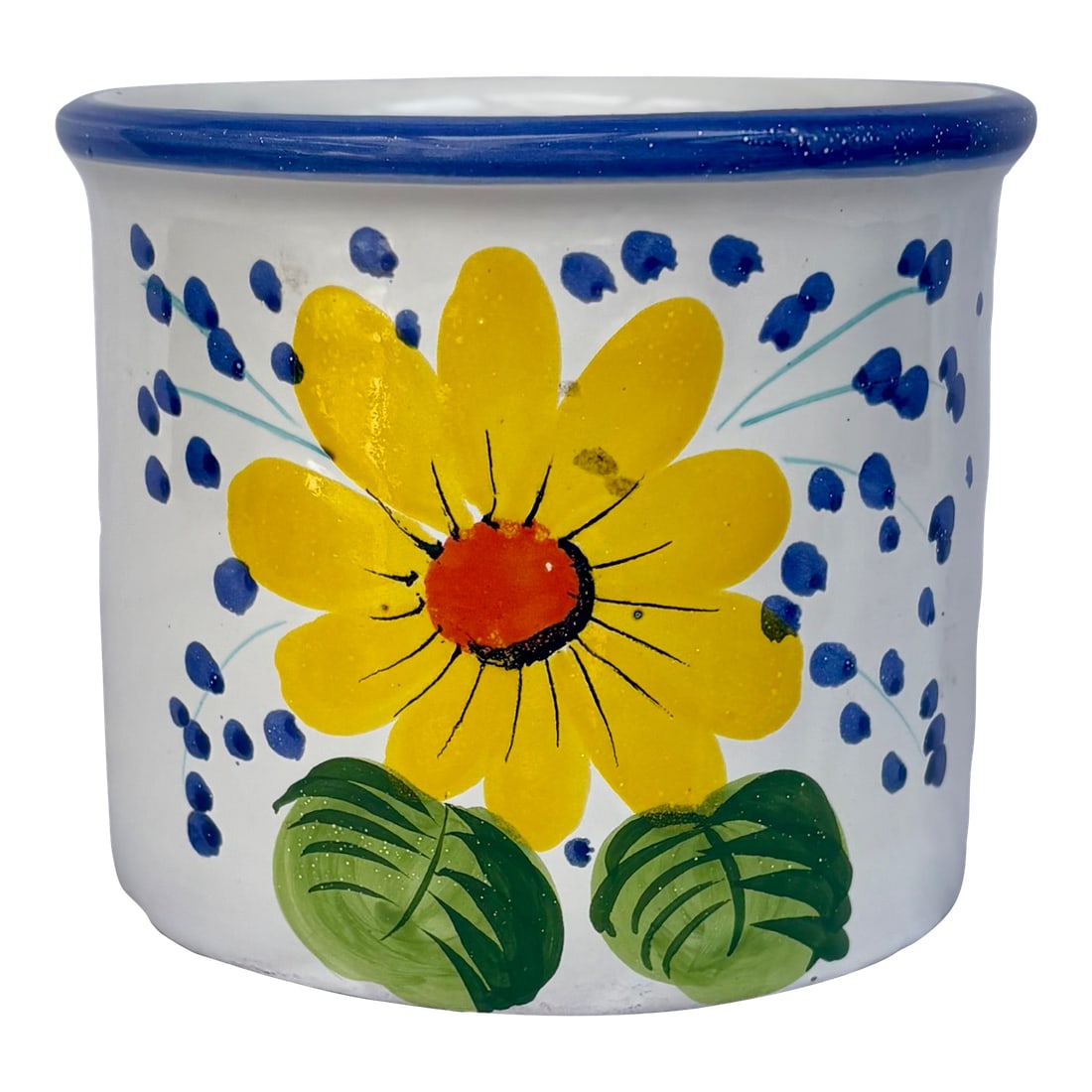 Vintage Italian Blue and White Ceramic Planter/Cachepot With Yellow Flower: "You make the sun shine brighter than Doris Day!", -Wake Me Up Before You Go Go- Wham This hand painted Italian planter/cachepot is every bit as bright and cheerful as Miss Day at her technicolor best