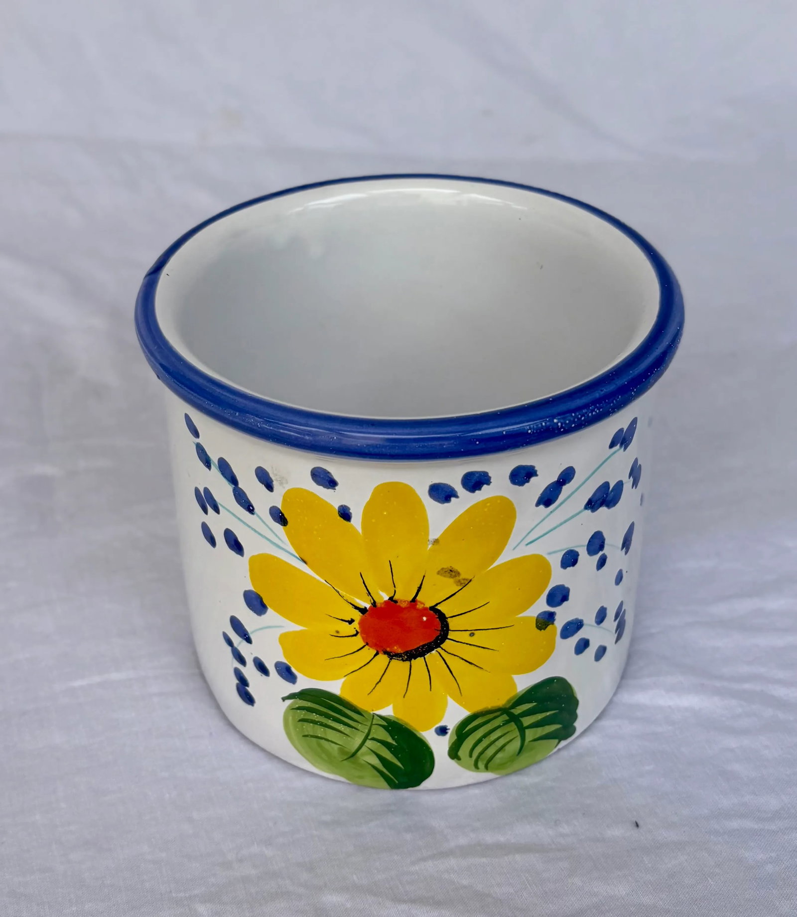 Vintage Italian Blue and White Ceramic Planter/Cachepot With Yellow Flower - 2