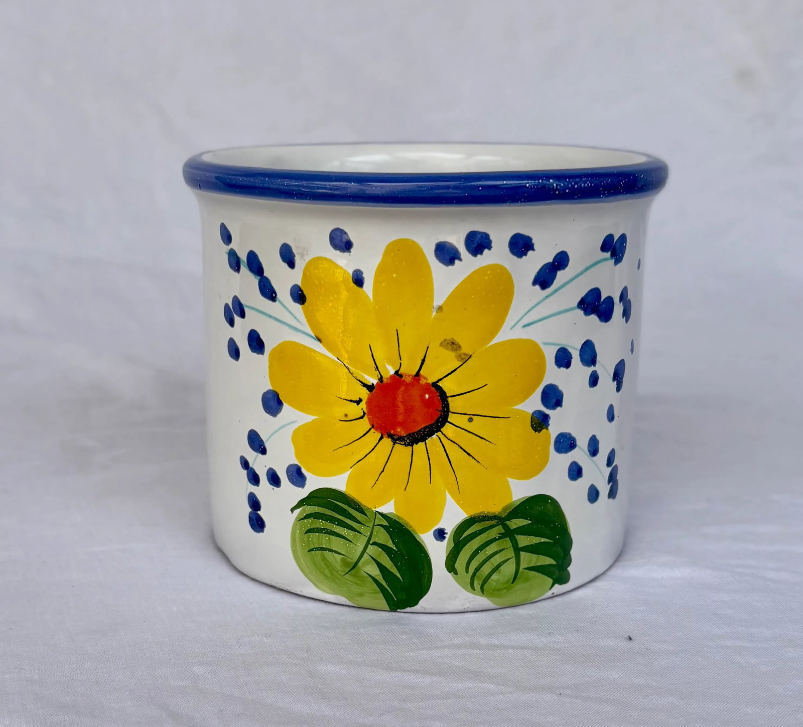 Vintage Italian Blue and White Ceramic Planter/Cachepot With Yellow Flower - 8