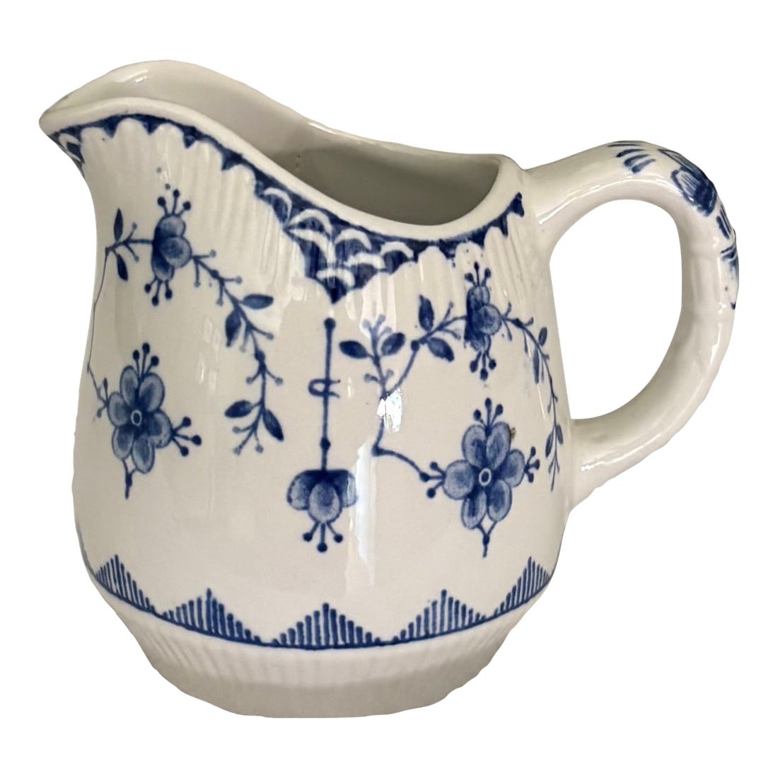 Mid 20th Century Denmark Blue Creamer by Furnival: Blue and white is always right! The "Denmark Blue" line by Furnival, the first English potteries to produce the Blue Denmark pattern, which was adapted from The Royal Copenhagen design. features a