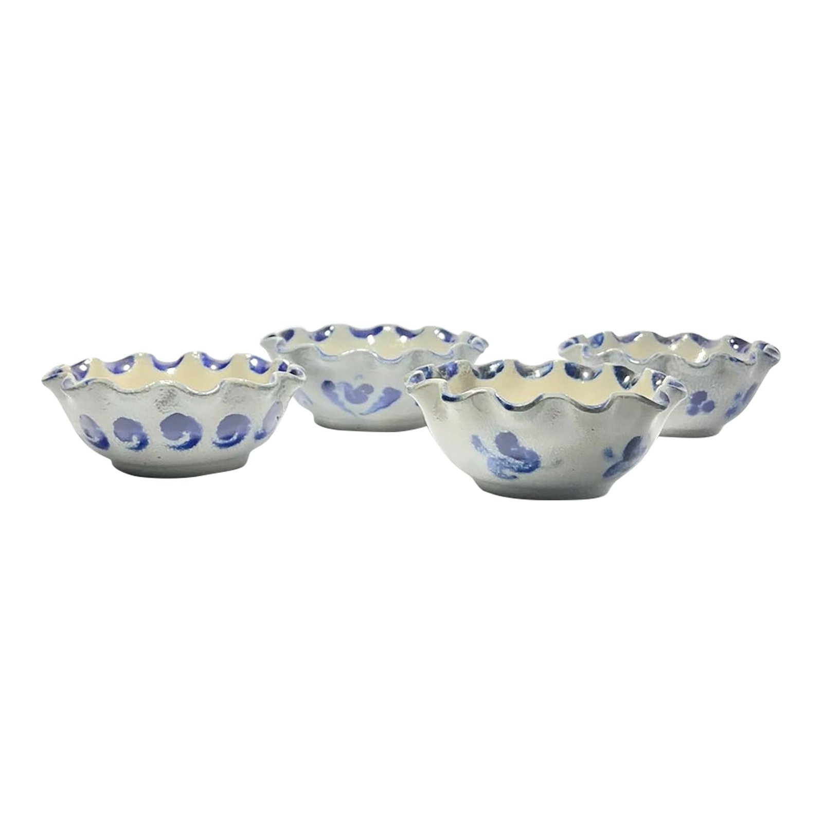 1940s Stoneware Salt Glazed Cobalt Blue Ruffled Small Individual Bowls - Set of 4: Vintage 4 Stoneware Salt Glazed Cobalt Blue Ruffled Small Individual Bowls 5.5" Good vintage condition. No major wear or chips. Three bowls are marked "2" and one bowl is marked "1". The bowl marked