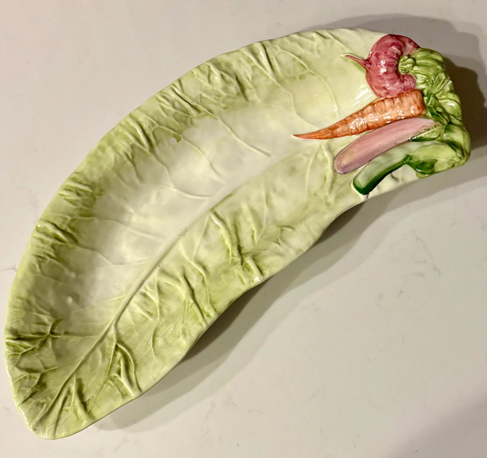Vintage Trompe-l'Oeil Lettuce Leaf Shaped Vegetable Serving Platter by Vietri - 12
