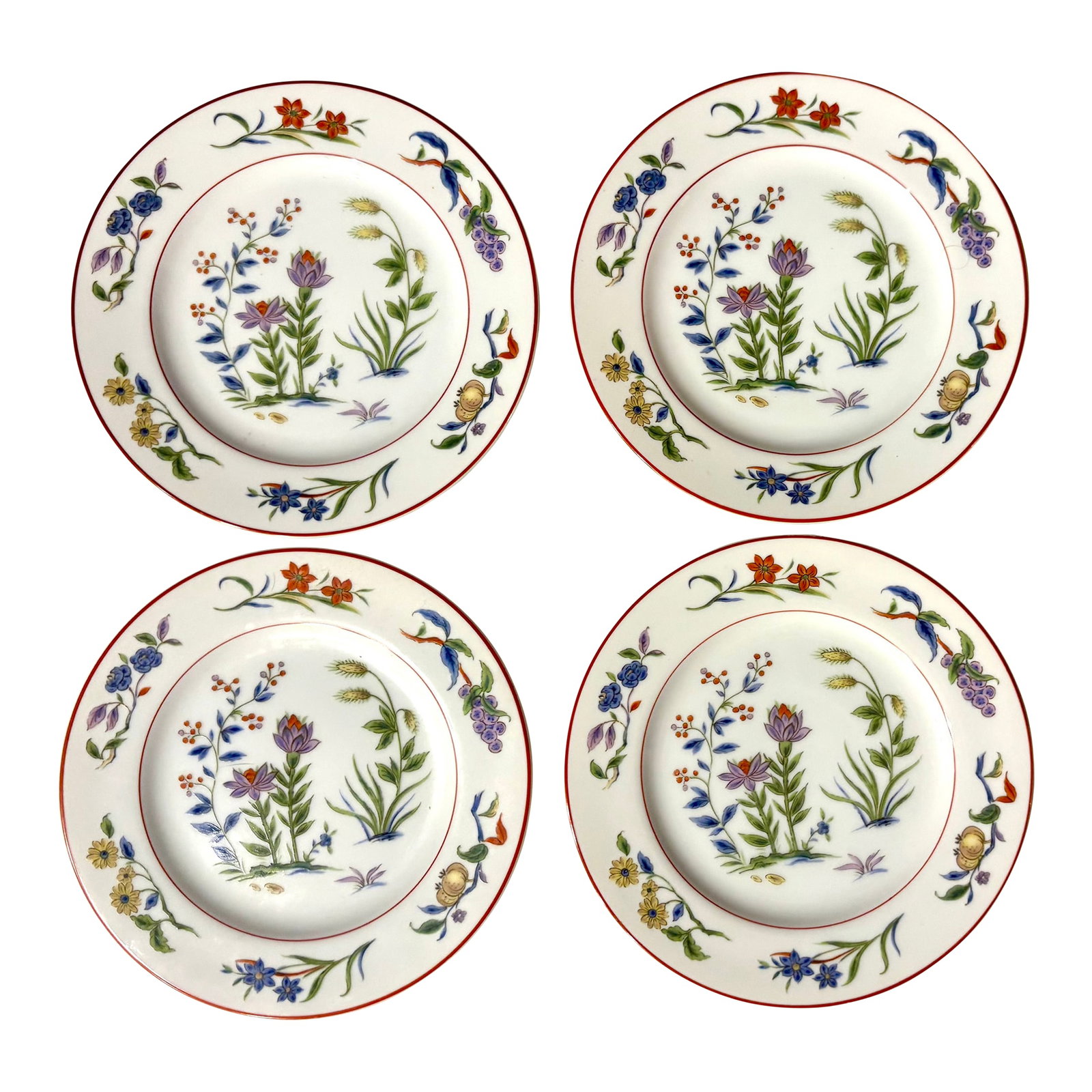 Queen's Garden Floral Plates With Red Rim- Set of 4: Plates so pretty they are fit for a Queen, in her garden. Literally. Named "Queens Garden", this pretty pattern features a vibrant floral design with a red rim. Produced in Japan by The Sango China, C