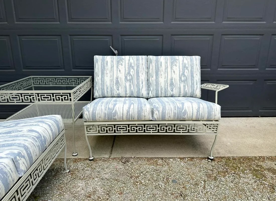 Vintage Meadowcraft Greek Key Outdoor Wrought Iron Patio Seating & Tables, Attributed -Set of Six - 14