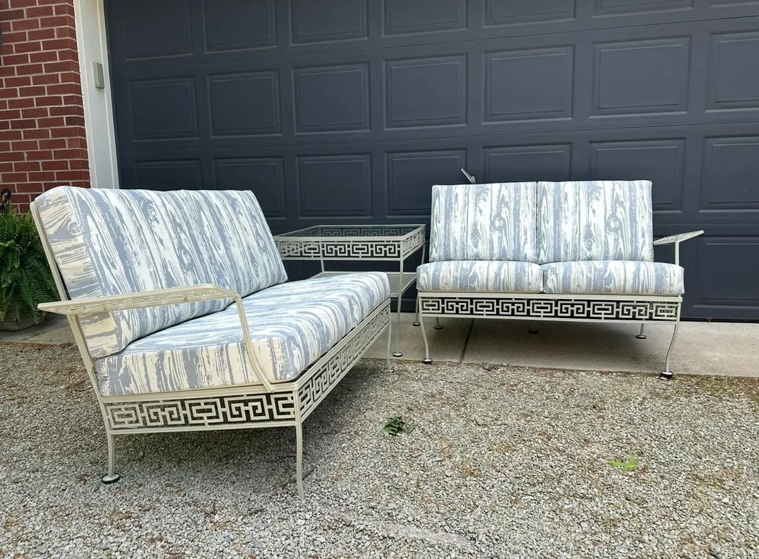 Vintage Meadowcraft Greek Key Outdoor Wrought Iron Patio Seating & Tables, Attributed -Set of Six - 16