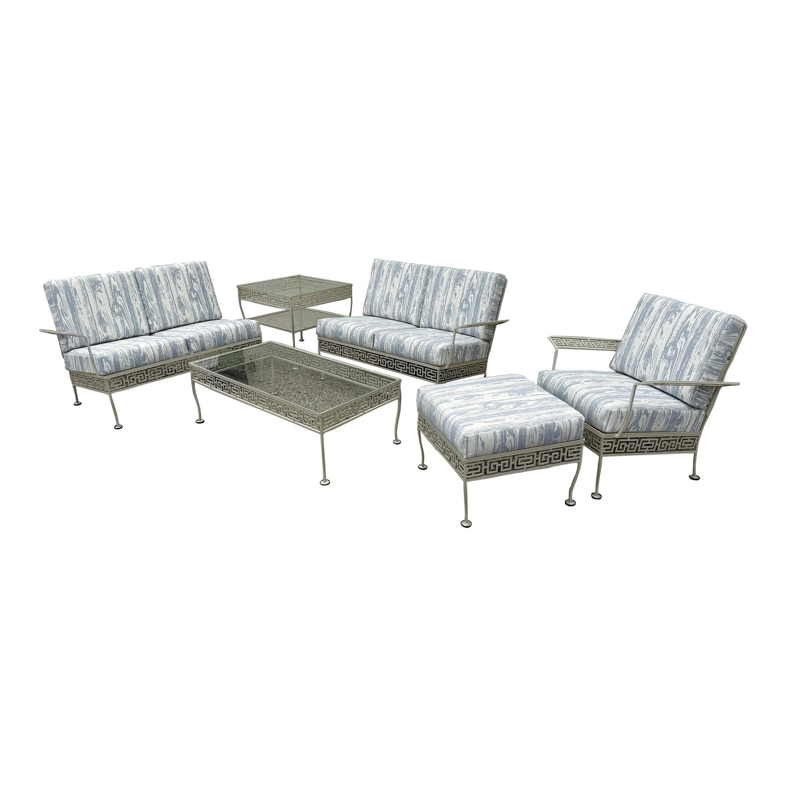 Vintage Meadowcraft Greek Key Outdoor Wrought Iron Patio Seating & Tables, Attributed -Set of Six: Stunning vintage Meadowcraft outdoor wrought iron patio set, fully restored. This set has been professionally powder coated and treated with a rust inhibitor. Powder coat color RAL 7032 Pebble Gray-a 