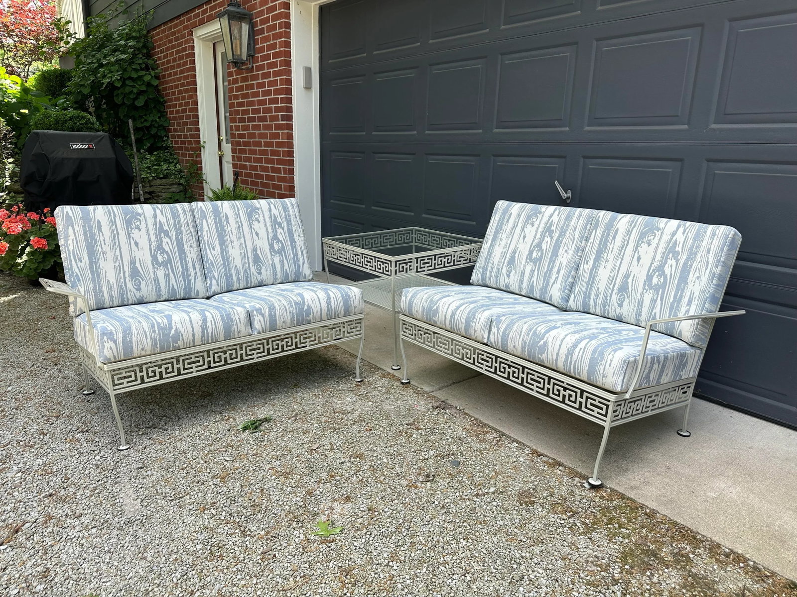 Vintage Meadowcraft Greek Key Outdoor Wrought Iron Patio Seating & Tables, Attributed -Set of Six - 2
