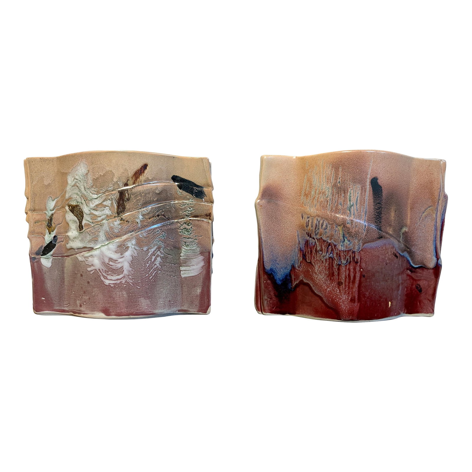 Pair of Signed Envelope Shaped Studio Pottery Vases 80s-90s: Pair of envelope-shaped vases circa 1980's-90's. Lovely glaze composition of red, pink, black and white with a pale blue inner contrast glaze. Each vase measures approximately 11" wide x 9.5" high x