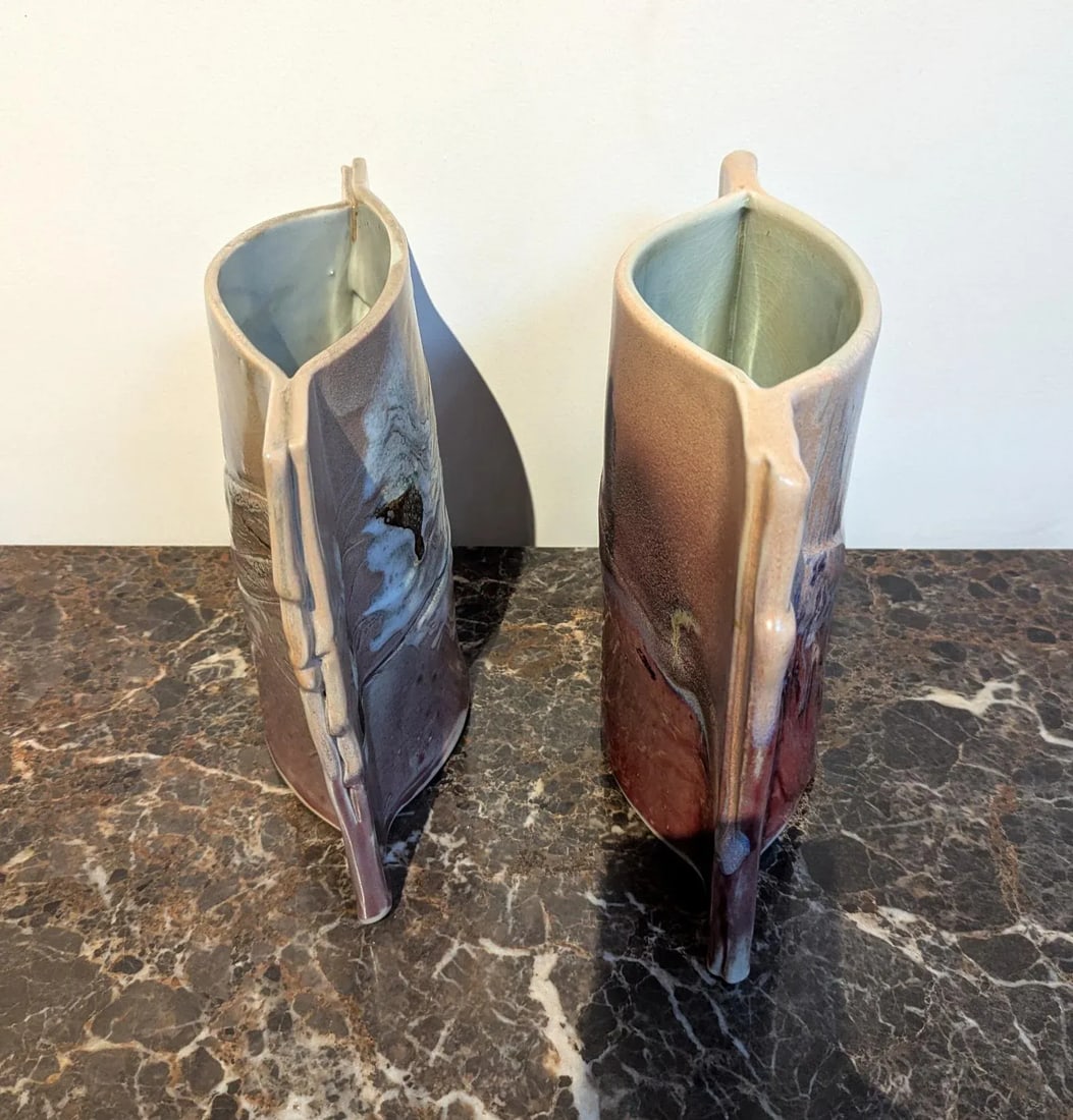 Pair of Signed Envelope Shaped Studio Pottery Vases 80s-90s - 2