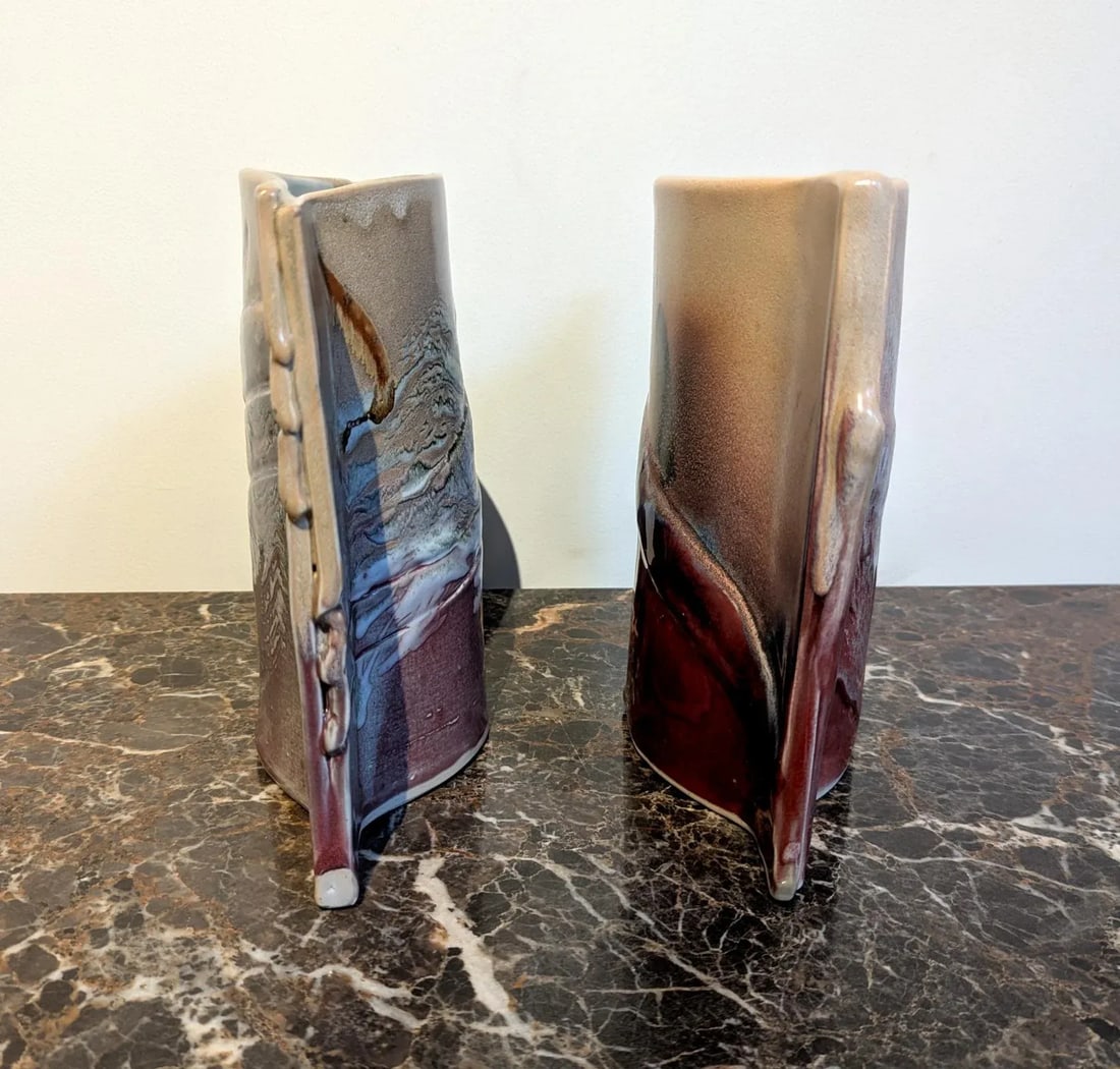 Pair of Signed Envelope Shaped Studio Pottery Vases 80s-90s - 6