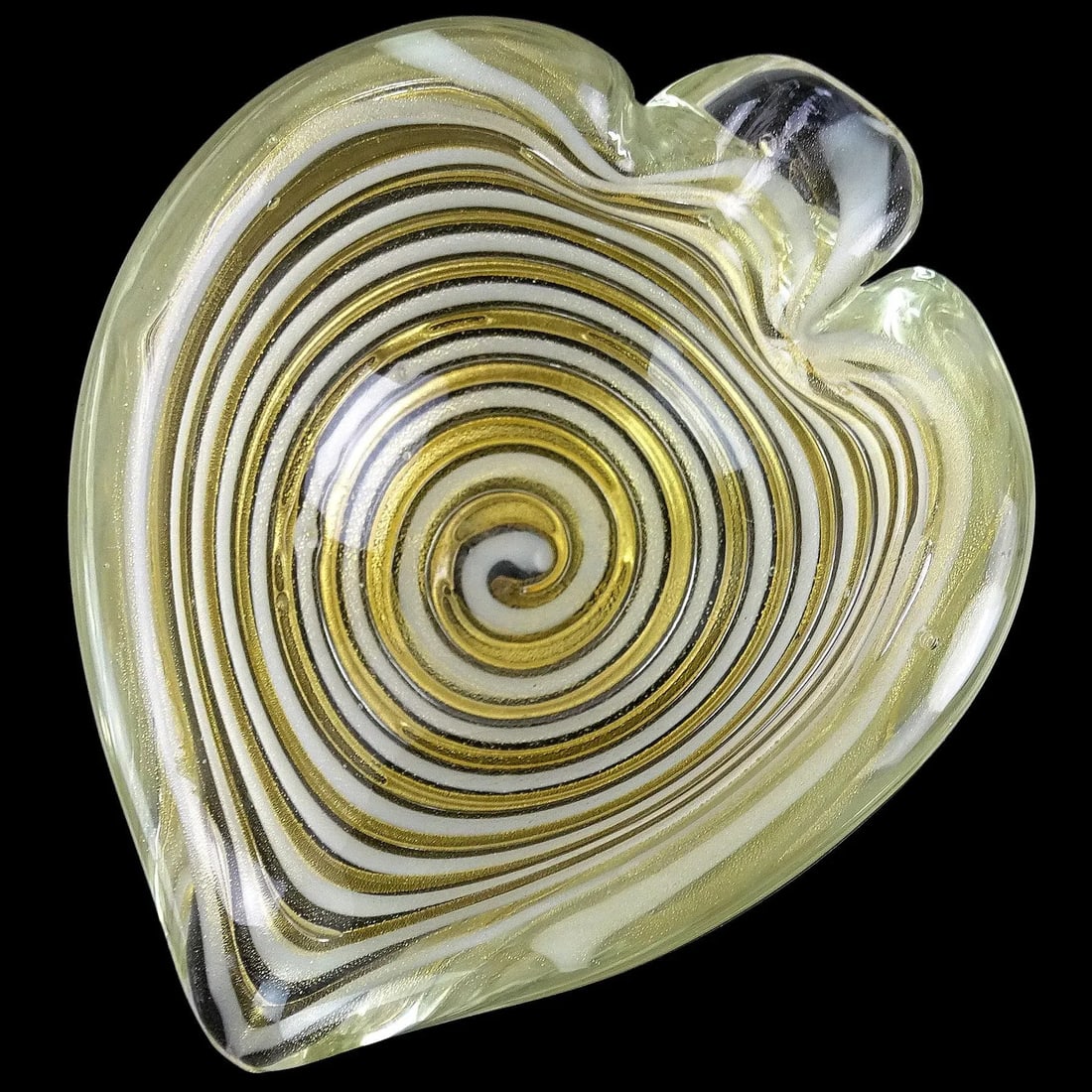 Vintage Murano Barovier Toso Gold Flecks White Swirl Italian Art Glass Heart Ashtray Dish Bowl - 2