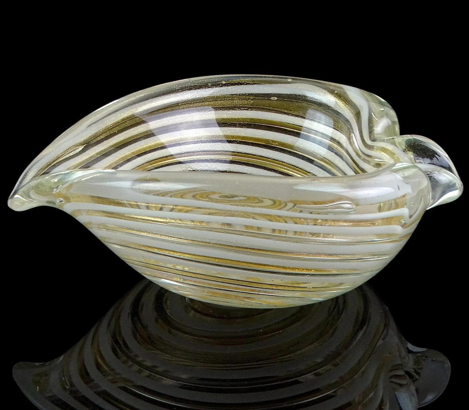 Vintage Murano Barovier Toso Gold Flecks White Swirl Italian Art Glass Heart Ashtray Dish Bowl - 3