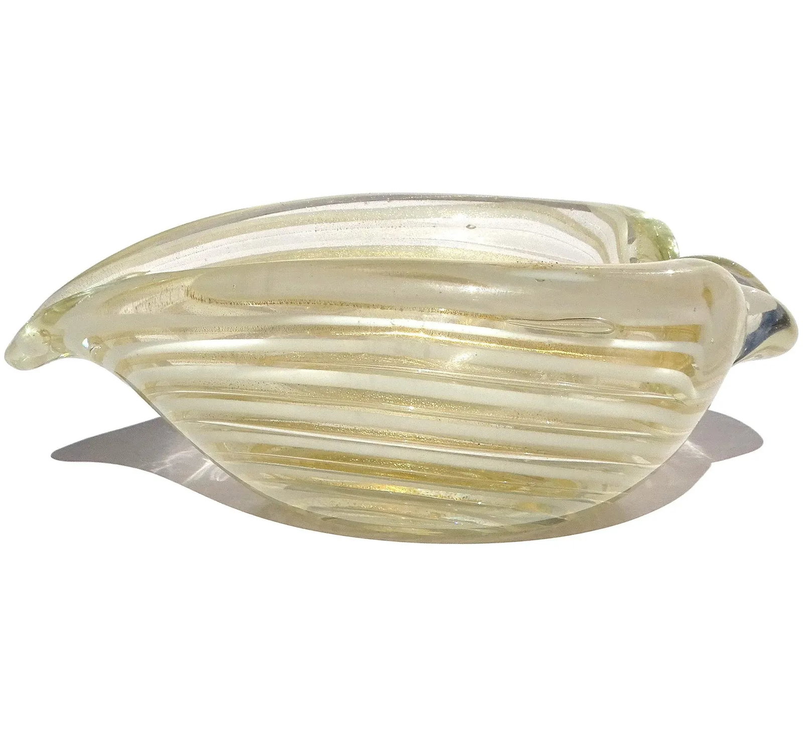Vintage Murano Barovier Toso Gold Flecks White Swirl Italian Art Glass Heart Ashtray Dish Bowl - 4
