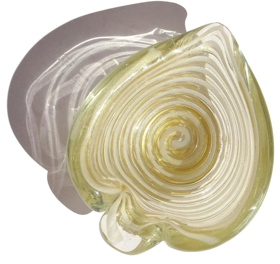 Vintage Murano Barovier Toso Gold Flecks White Swirl Italian Art Glass Heart Ashtray Dish Bowl - 6