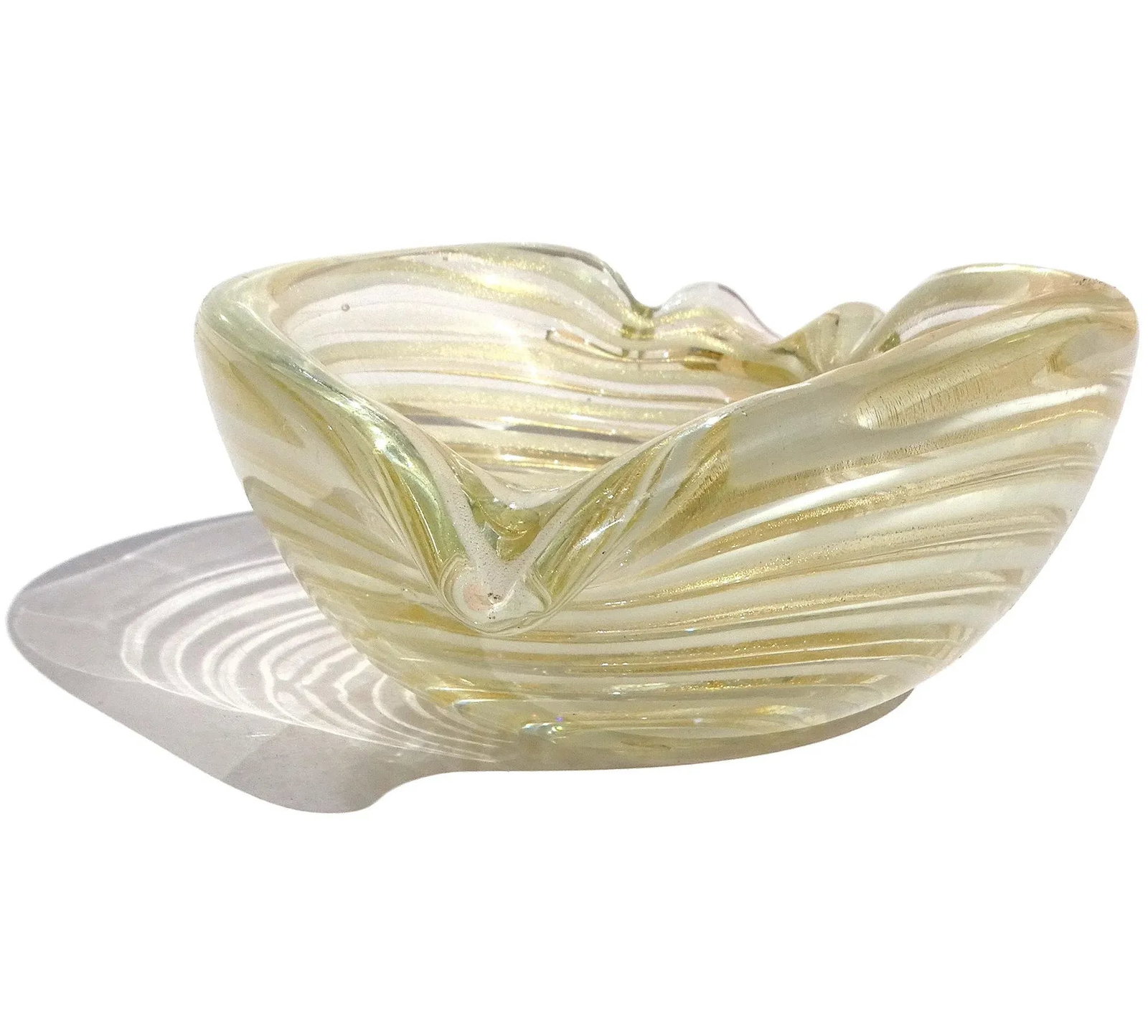 Vintage Murano Barovier Toso Gold Flecks White Swirl Italian Art Glass Heart Ashtray Dish Bowl - 8