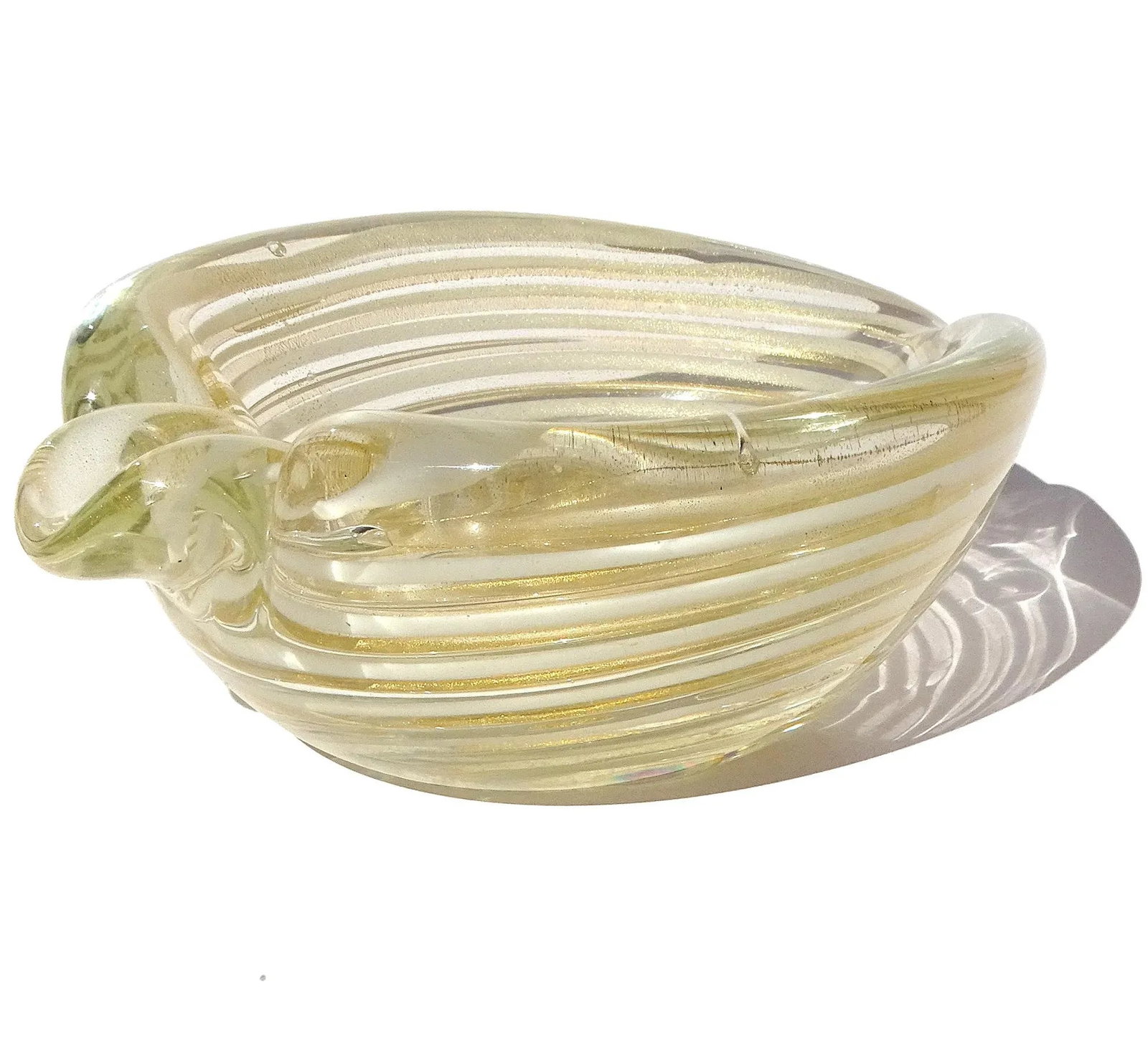 Vintage Murano Barovier Toso Gold Flecks White Swirl Italian Art Glass Heart Ashtray Dish Bowl - 9
