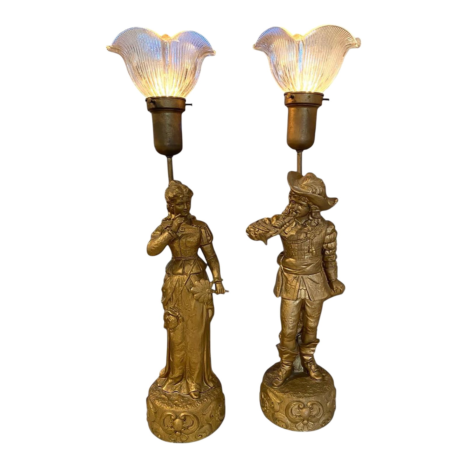 Pair of Mid Century, Marbro Lamp Co. Metal & Gold Plaster Painted Finish Woman & Man Table Lamps Wit: A lovely pair of Mid-Century, Marbro Lamp Company, metal and gold plaster painted finish, Woman & Man figurine table lamps with glass shades. The lamps are in excellent condition for the age and use o