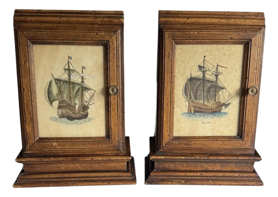 Mid 20th Century Wooden Bookends With Etchings of 17th Century Ships & Doors- a Pair: Pair of wooden bookends with door compartments and complementary etchings of 17th century wooden ships. Made in Florence, Italy. The etchings themselves feature a finely detailed depiction of a