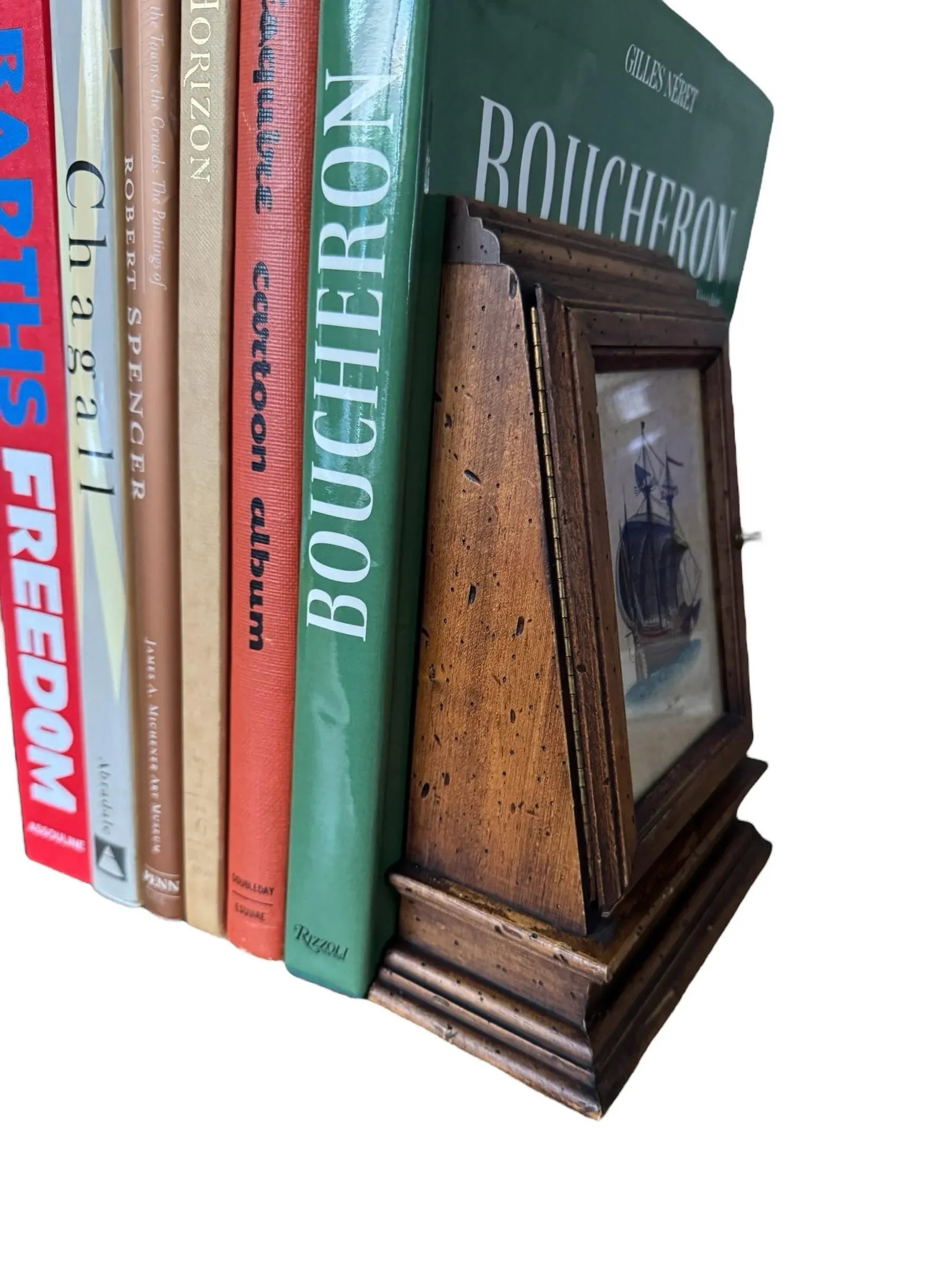 Mid 20th Century Wooden Bookends With Etchings of 17th Century Ships & Doors- a Pair - 4