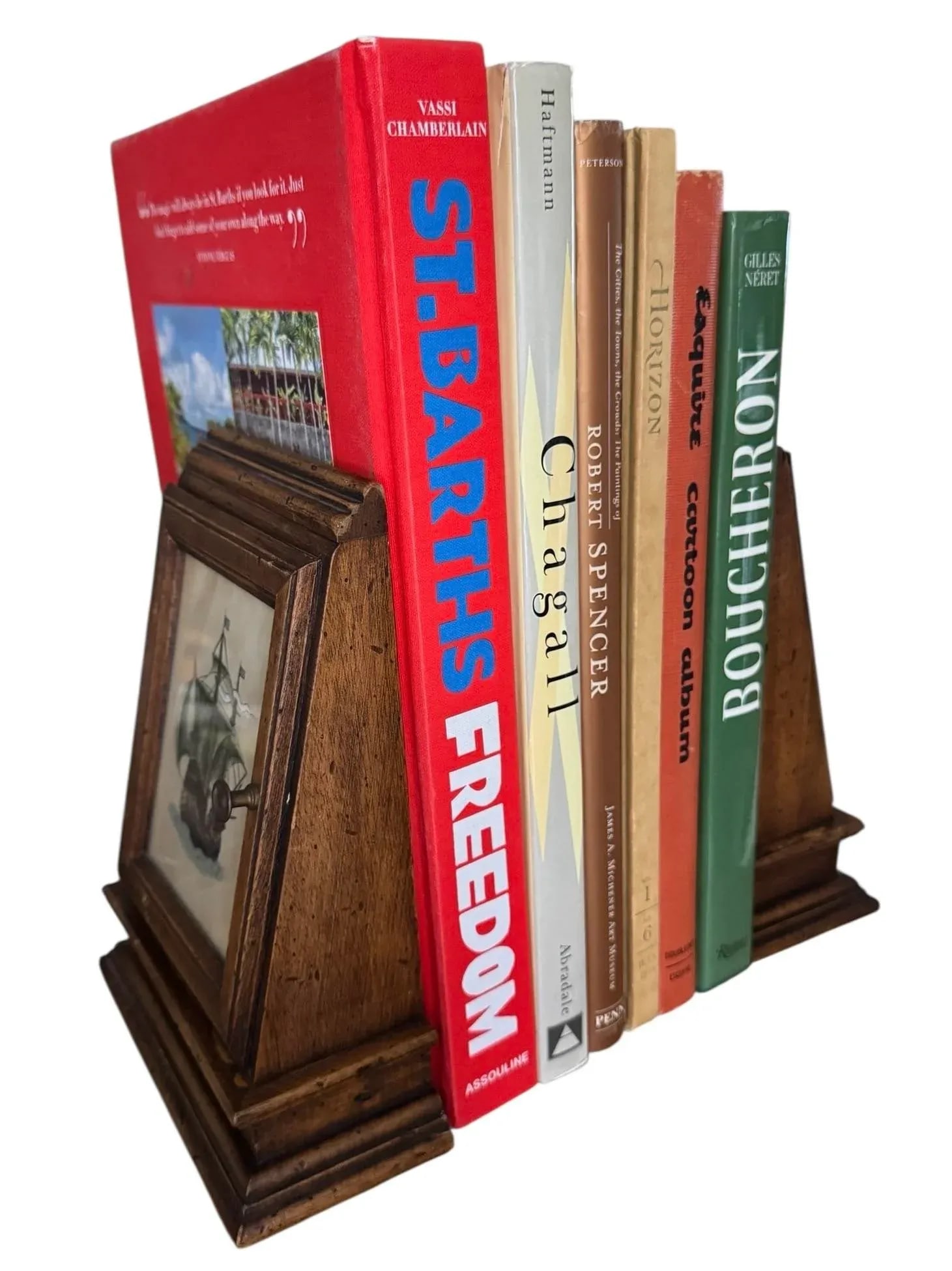 Mid 20th Century Wooden Bookends With Etchings of 17th Century Ships & Doors- a Pair - 7