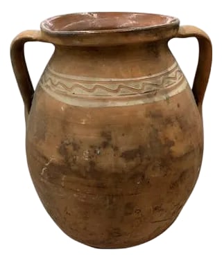 Antique Hungarian Folk Art Cooking Pottery: This antique two-handle terra cotta vessel from Hungary is a wonderful addition to any Farmhouse decor. The rustic pottery showcases a subtle hand-painted Hungarian Folk Art design peaking through the