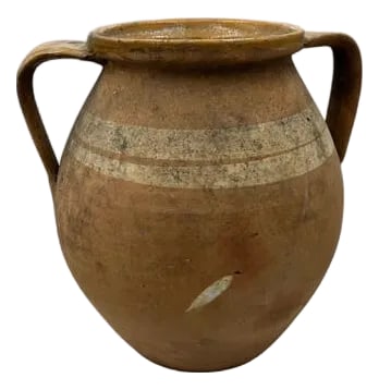 Antique Hungarian Folk Art Cooking Pottery: This antique two-handle terra cotta vessel from Hungary is a wonderful addition to any Farmhouse decor. The rustic pottery showcases a subtle hand-painted Hungarian Folk Art design peaking through the