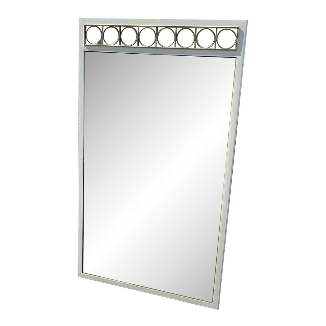 Vintage White Wall Mirror: Fabulous vintage wall mirror that bears its original finish and great style.. Set an elegant white wood frame with pretty details and character. Overall good vintage condition. Shows some wear that