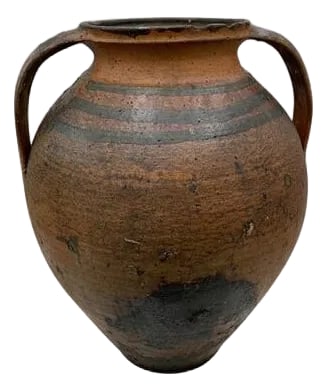 Antique Terracotta Vessel: This antique two-handle terra cotta vessel from Hungary is a wonderful addition to any Farmhouse decor. The rustic pottery showcases a subtle hand-painted Hungarian Folk Art design peaking through