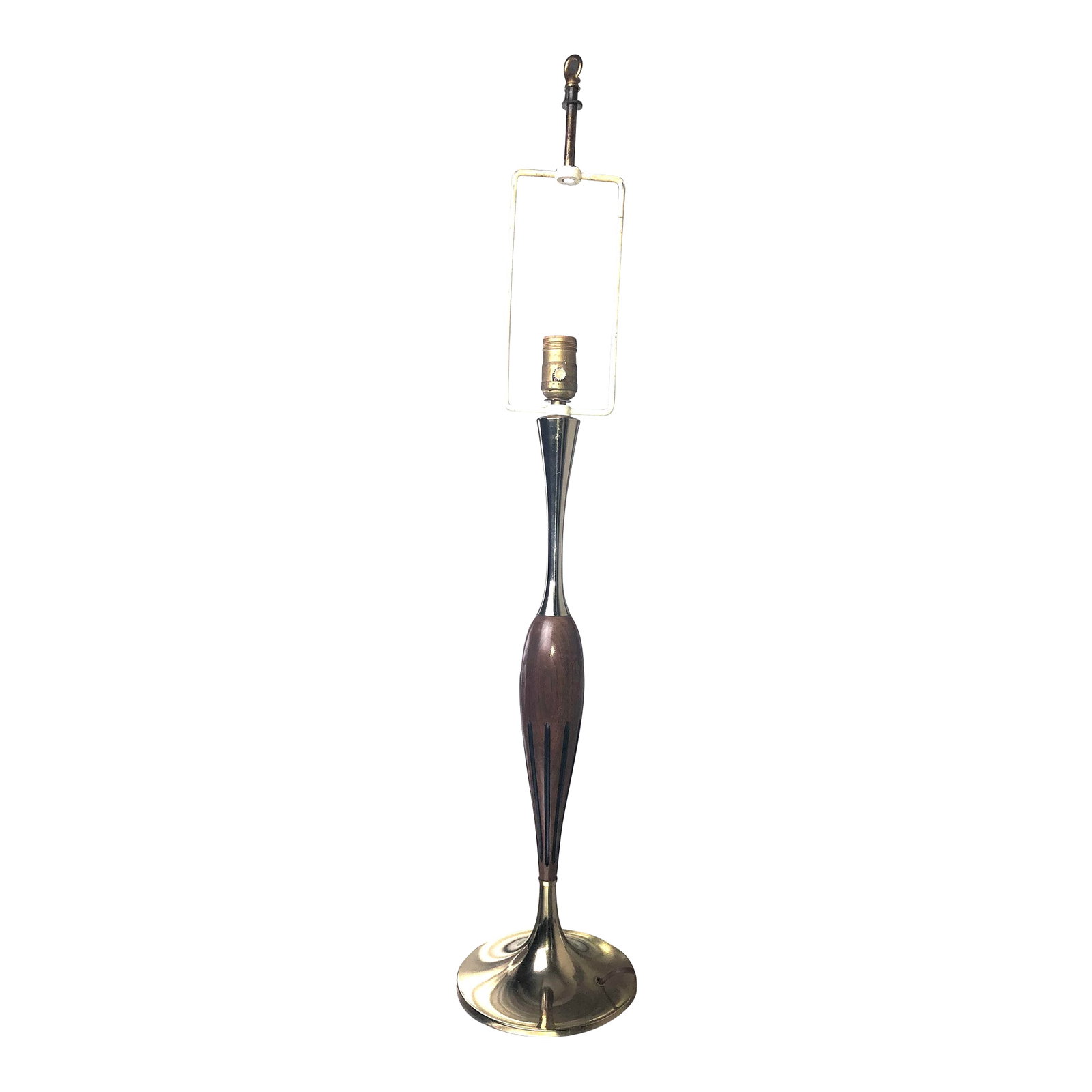 Mid Century Lamp in the Manner of Laurel Walnut Brass Tulip Base: Vintage mid century lamp with a fantastic shape and great brass tulip base and neck. It has a long original cord that is taped underneath the base as seen in the photos. Lamp is 24"H to top of socket 