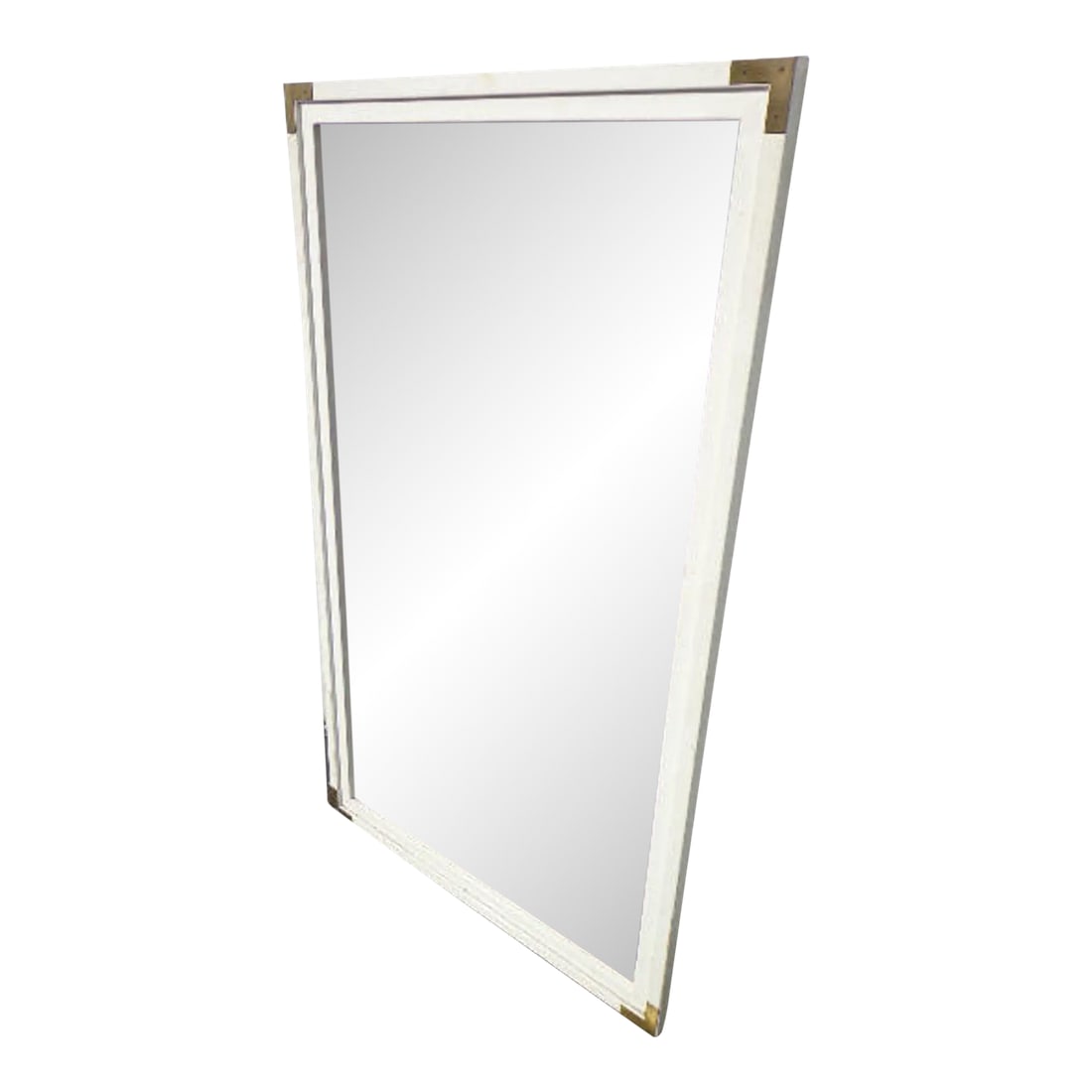 Vintage Campaign Style Wall Mirror: Vintage Campaign Style Mid Century Modern Wall Mirror The frame has a white finish and classic campaign hardware. Shows normal vintage wear from age / use. Good solid and sturdy frame. Shows surface