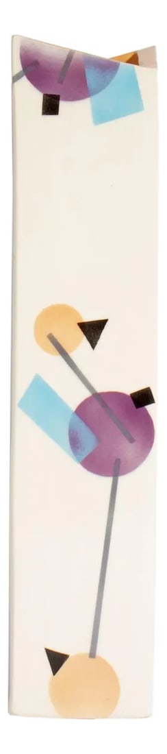 Rita Duvall Signed 1982 Postmodern Ceramic Vase: A 1982 Postmodern ceramic vessel by the ceramic artist Rita Duvall. Signed "Rita Duvall 1982" to the underside, this rectangular vase has an angular opening and yellow interior. The exterior of the va