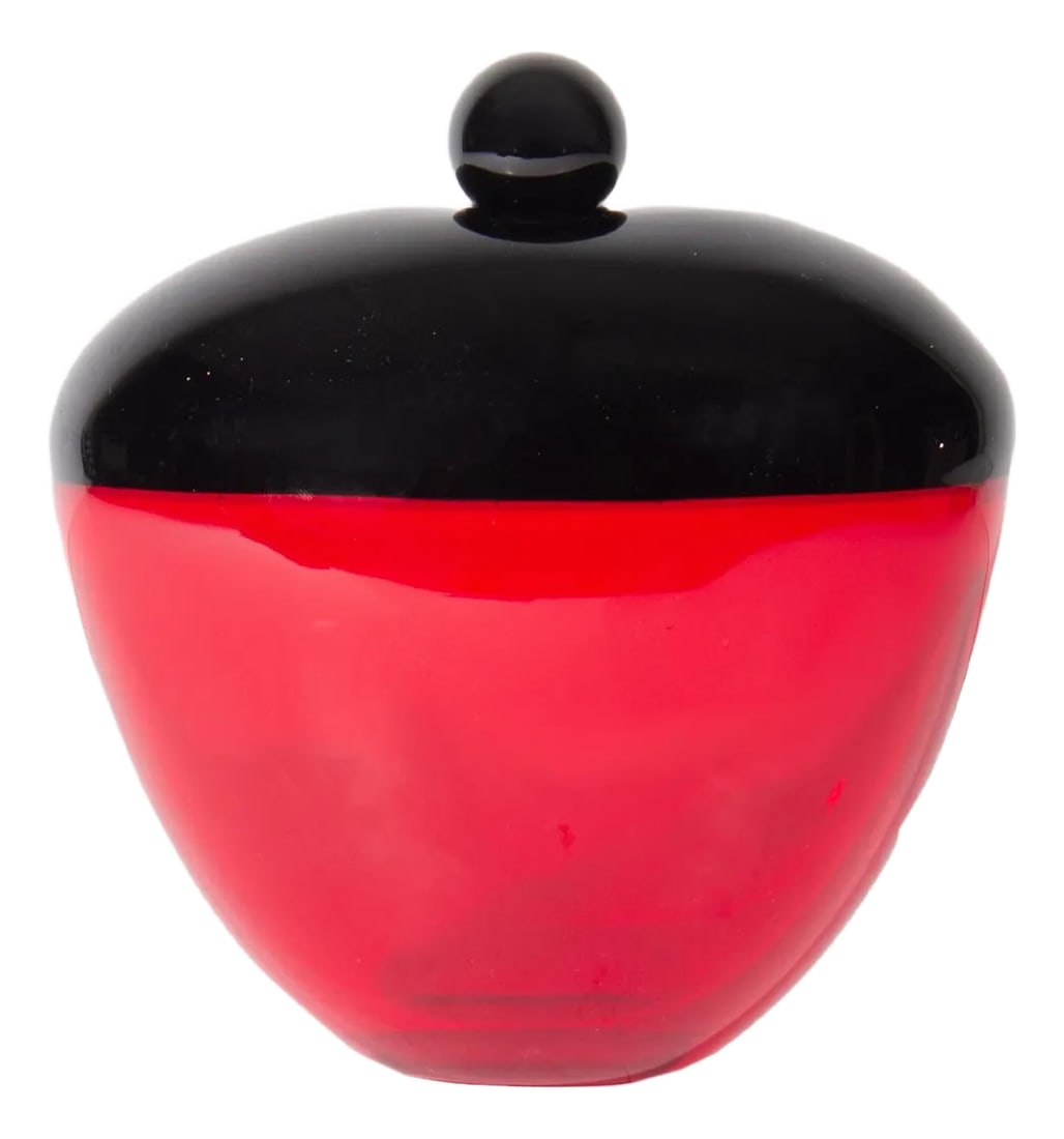 Salviati Italian Murano Art Glass Bottle: A Murano art glass bottle by Salviati. Made in Italy, this bottle has a small round stopper at the top and a bright red body. The underside of the bottle is marked "Salviati." Condition: Alterations:
