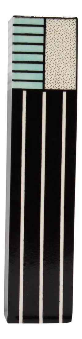 Michael Duvall Signed 1992 Postmodern Ceramic Vase: A 1992 Postmodern ceramic vase designed by the American designer Michael Duvall (1950-2004). Black and white striping is disrupted by a blue and black striped and black and white line design. The