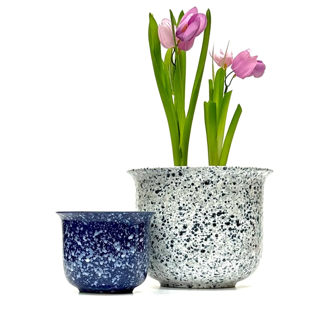Elegantly Shaped Blue & White Ceramic Splatterware Planter Curation, Made in Germany - Group of 2 - 2