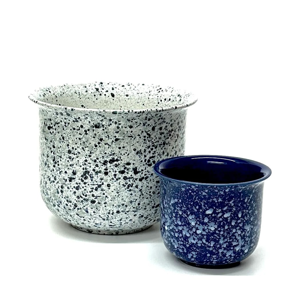 Elegantly Shaped Blue & White Ceramic Splatterware Planter Curation, Made in Germany - Group of 2 - 3